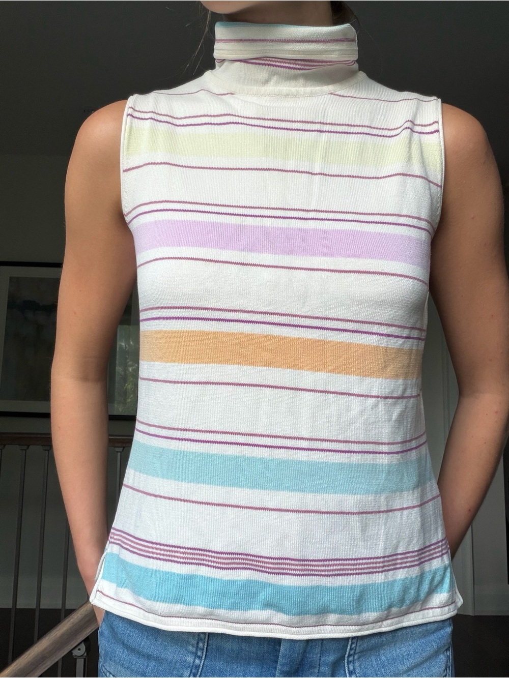 GAP vintage Cream Sleeveless Turtleneck Tank with Pastel Stripes